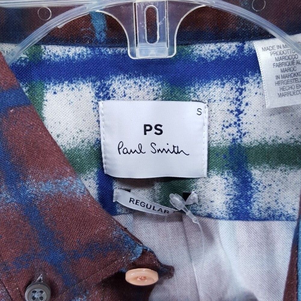 PAUL SMITH Shirt Mens Small Burgundy Check Button Up Contrast Cuff Regular Fit - Picture 2 of 8